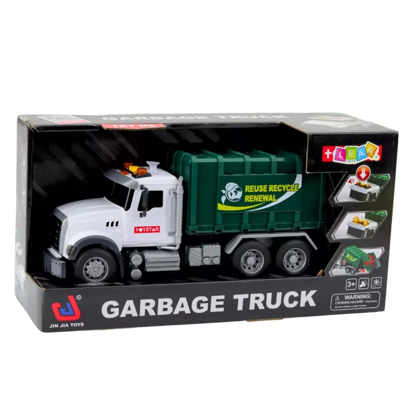 LEAN TOYS Müllwagen mit Mülltonnen, Licht und Sound, Grün, Maßstab 1:14
