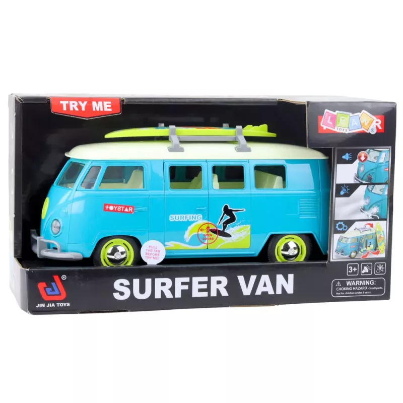 LEAN TOYS Car Surfer Van Bus mit Surfbrett, Licht und Sound, Türkis