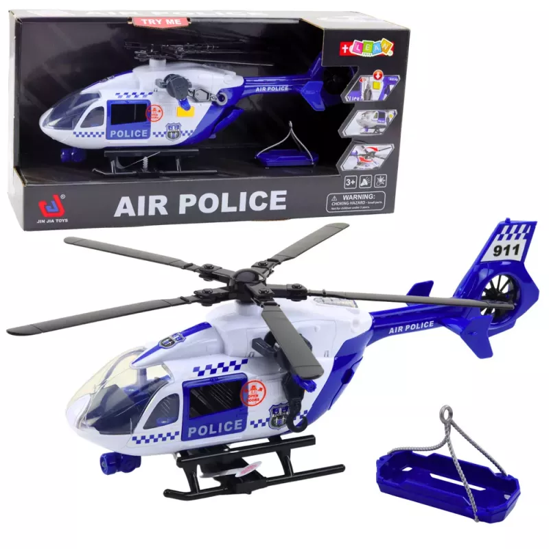 LEAN TOYS Polizeihubschrauber mit Haken, Trage, Lichtern und Geräuschen, Maßstab 1:12