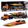 LEAN TOYS Truck mit Aufziehmotorboot, Lichtern und Geräuschen, orange Set