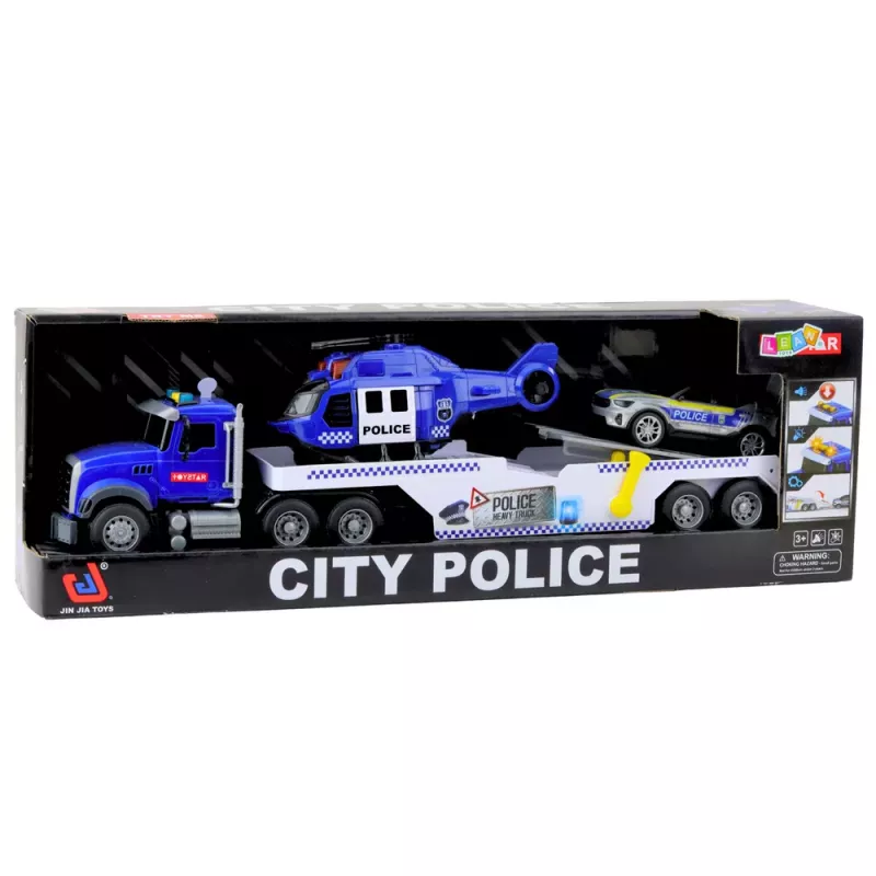 LEAN TOYS Polizei-LKW, Hubschrauber und Auto Set mit Licht und Sound