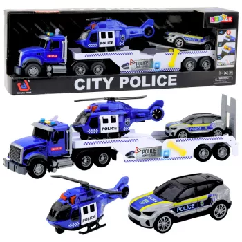LEAN TOYS Polizei-LKW, Hubschrauber und Auto Set mit Licht und Sound