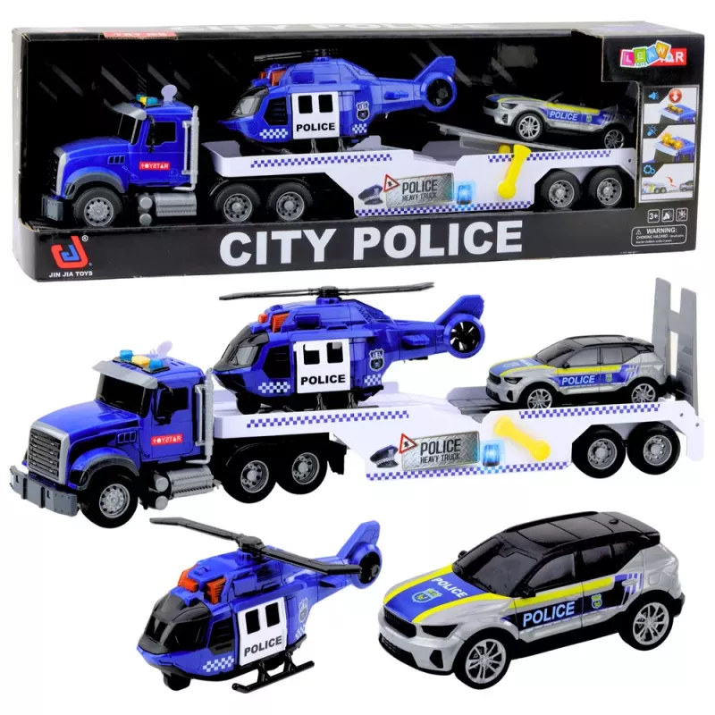 LEAN TOYS Polizei-LKW, Hubschrauber und Auto Set mit Licht und Sound