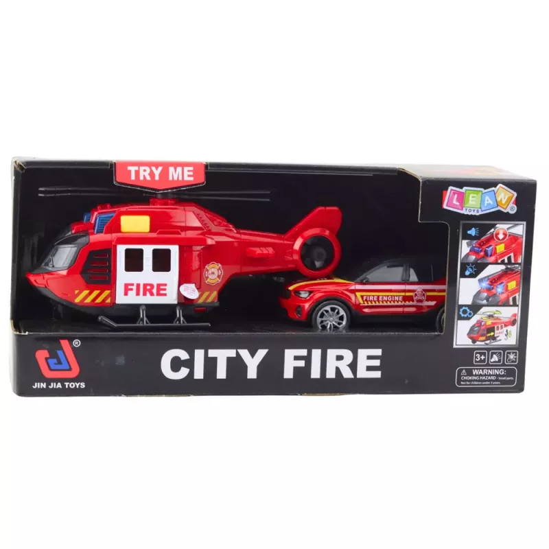 LEAN TOYS Feuerwehr-Rettungsspielset: Hubschrauber, Feuerwehrauto, Feuerwache mit Licht und Sound