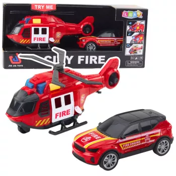 LEAN TOYS Feuerwehr-Rettungsspielset: Hubschrauber, Feuerwehrauto, Feuerwache mit Licht und Sound