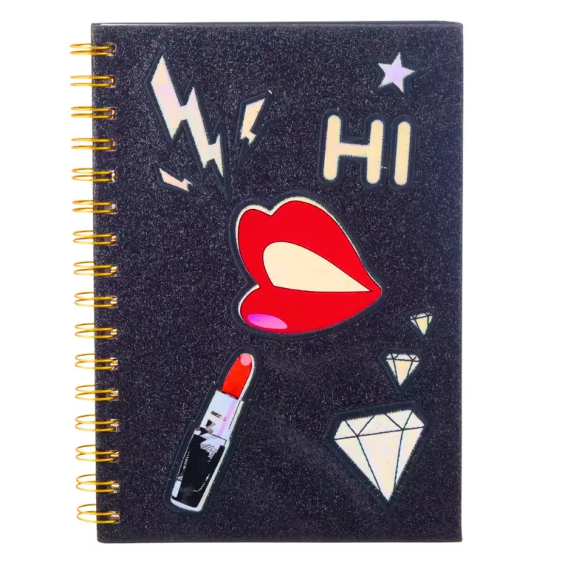 LEAN Notizbuch liniert mit Patches Lippen Lippenstift Glitzer Schwarz A5 80 Blatt