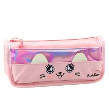 LEAN School Pencil Case With Cat Two Pockets Pink 21.5cm