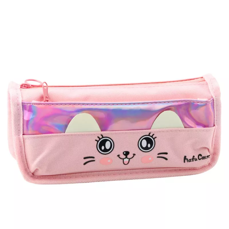 LEAN School Pencil Case With Cat Two Pockets Pink 21.5cm