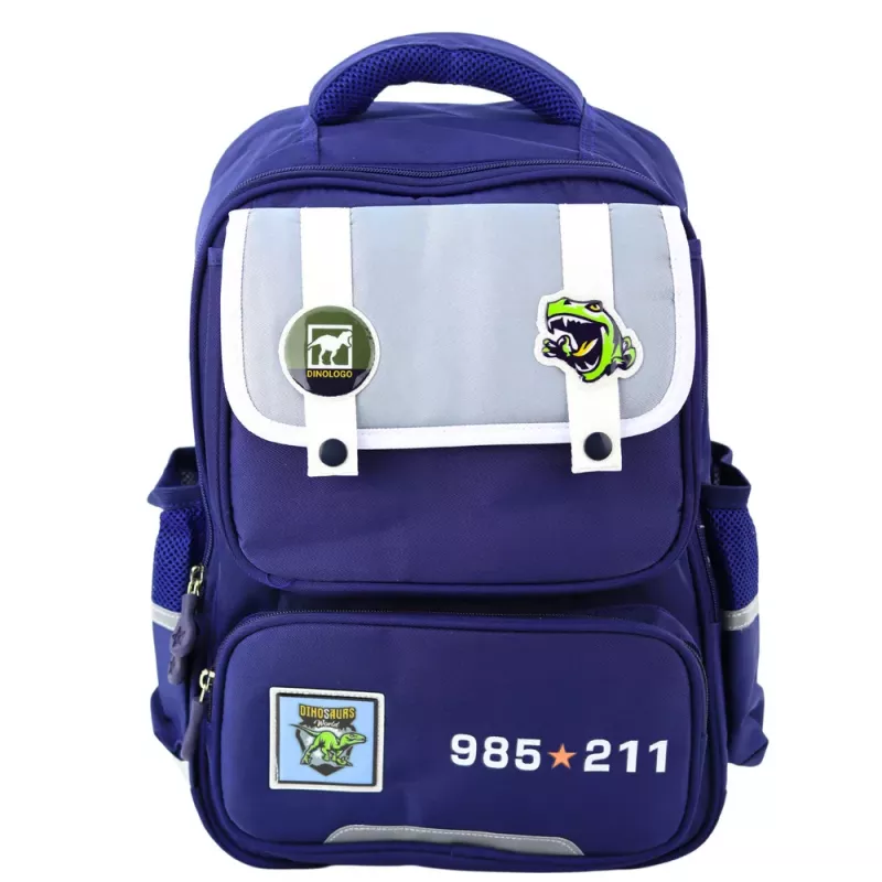 LEAN Schulrucksack mit Dinosaurier-Patches und Brustgurt, Marineblau, 39x27x15 cm