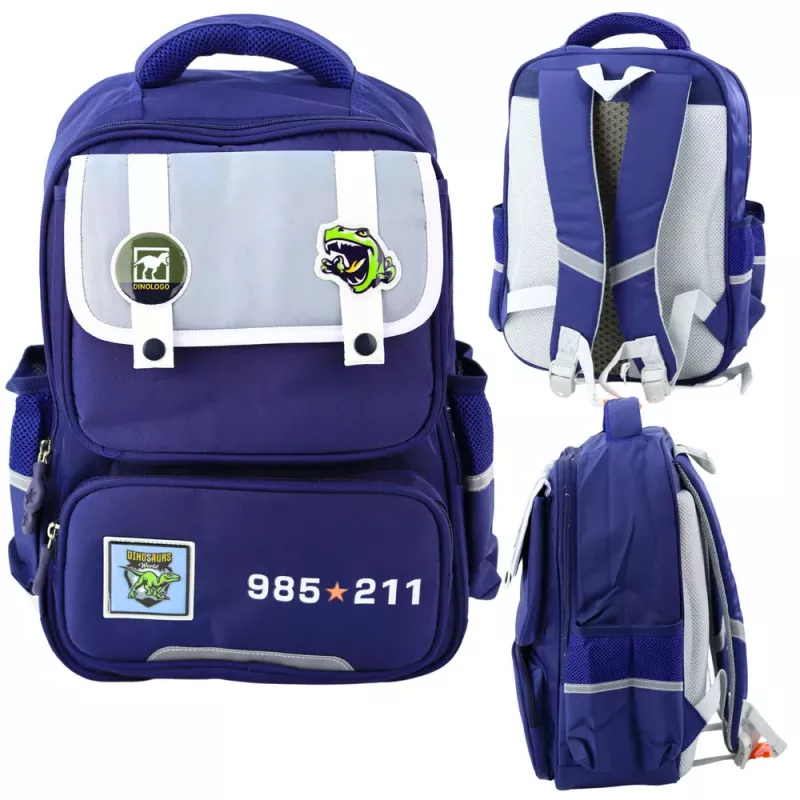 LEAN Schulrucksack mit Dinosaurier-Patches und Brustgurt, Marineblau, 39x27x15 cm