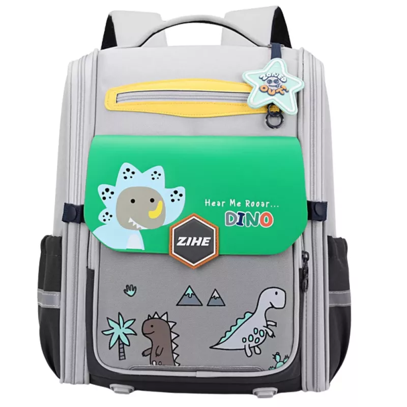 LEAN Schulrucksack mit Dinosauriern Brustgurt Grau Grün 21L 39cm