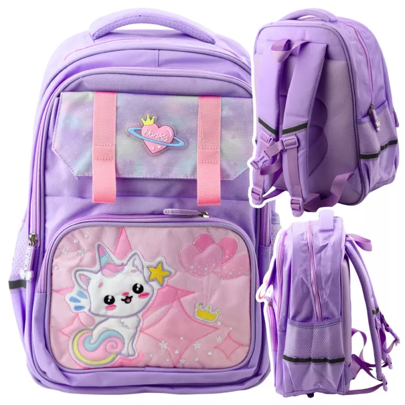 LEAN Schulrucksack mit weißer Katze und Brustgurt, lila, 20L