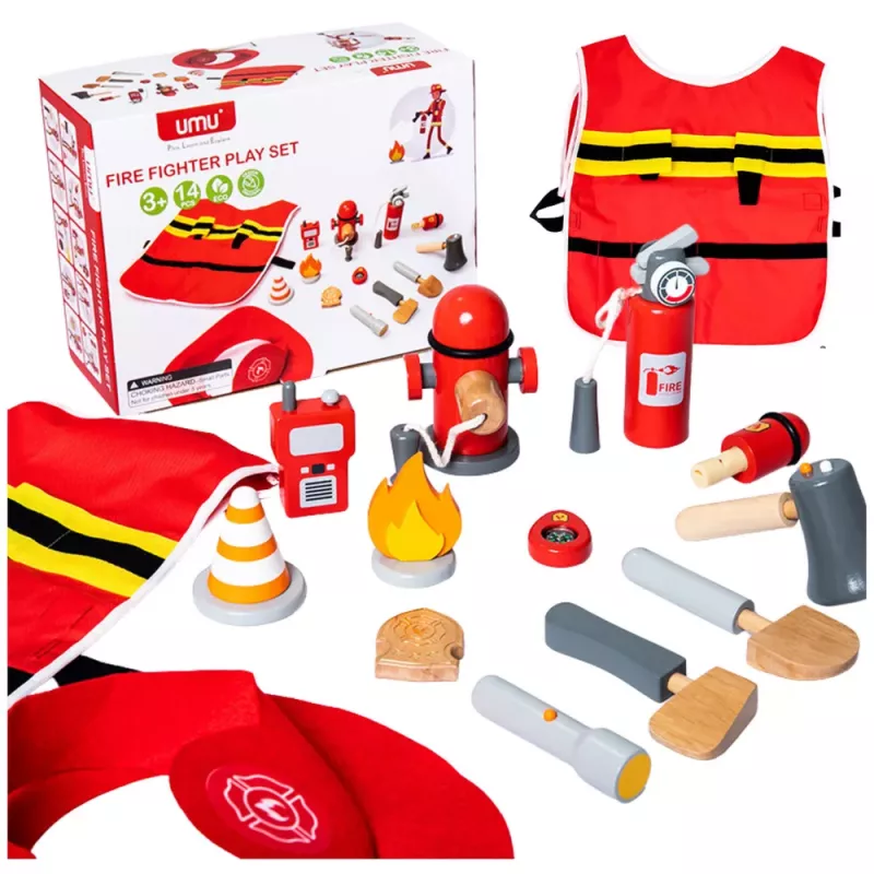 LEAN TOYS Feuerwehrkostüm-Set Feuerwehrzubehör Holz 14 Teile
