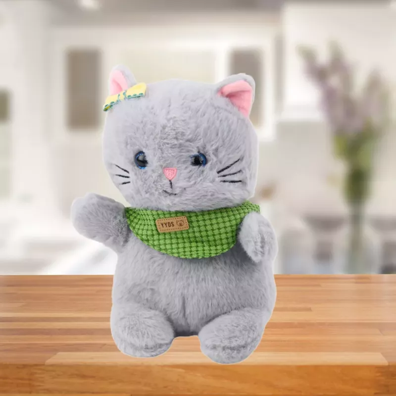 LEAN TOYS Plüsch-Maskottchen Kuscheltier Katze Grau Grün Schal Schleife 22cm