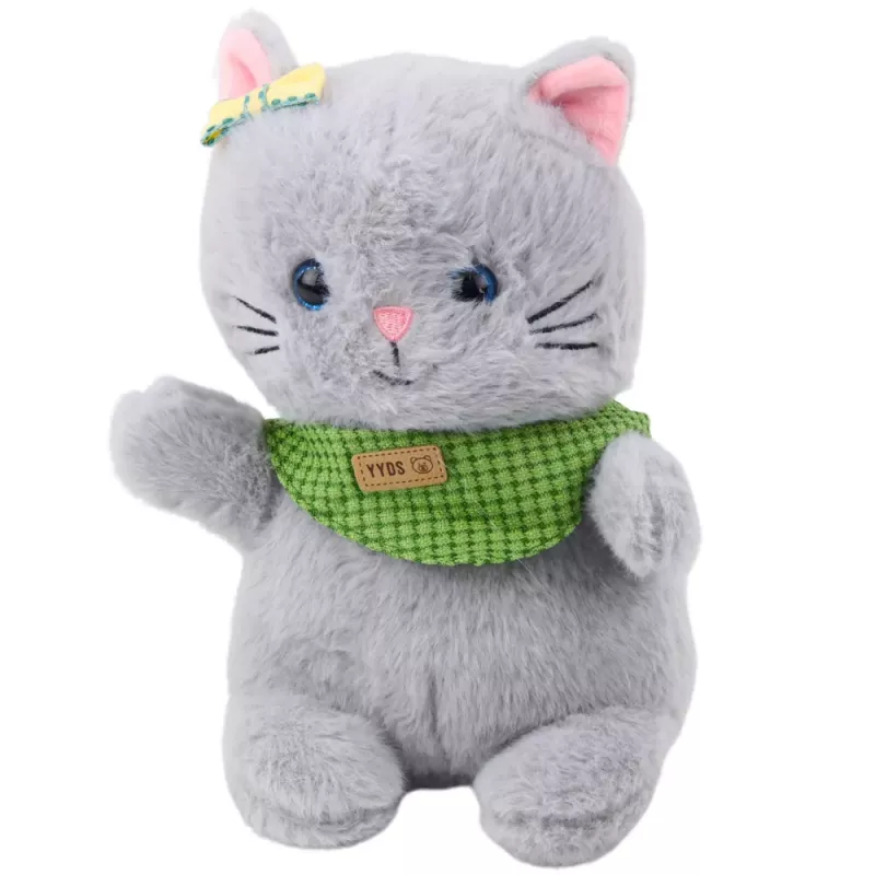 LEAN TOYS Plüsch-Maskottchen Kuscheltier Katze Grau Grün Schal Schleife 22cm