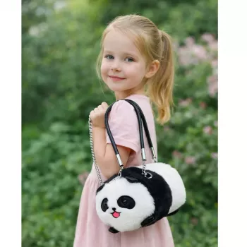LEAN TOYS Plüsch-Panda-Tasche mit Metallkette Schwarz Weiß 20cm