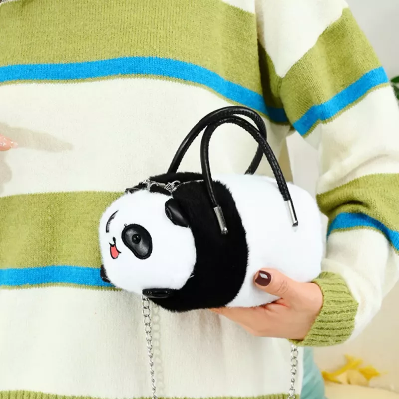 LEAN TOYS Plüsch-Panda-Tasche mit Metallkette Schwarz Weiß 20cm