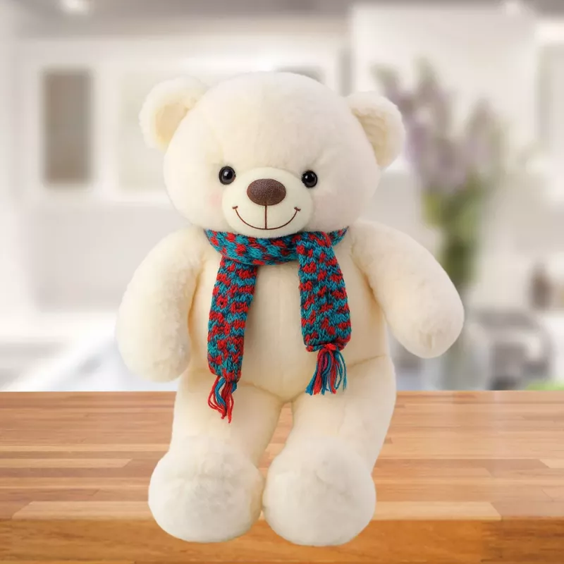 LEAN TOYS Plüsch-Maskottchen Kuscheltier Teddybär Bunter Wollschal Weiß 55cm