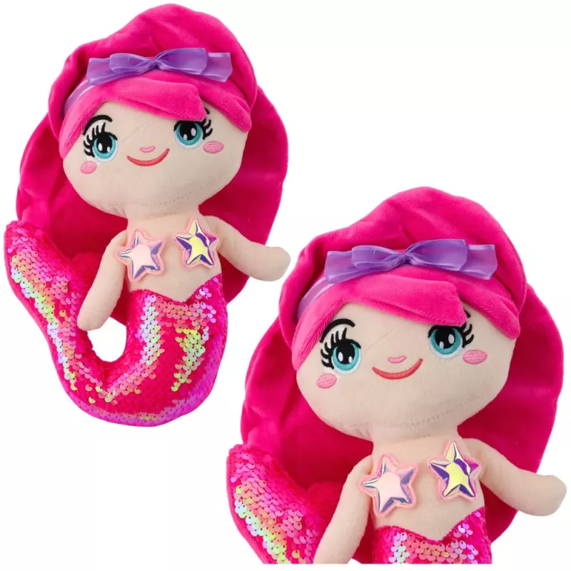 LEAN TOYS Plüsch-Meerjungfrau Kuscheltier mit Wendepailletten, Intensiv Pink, 28 cm