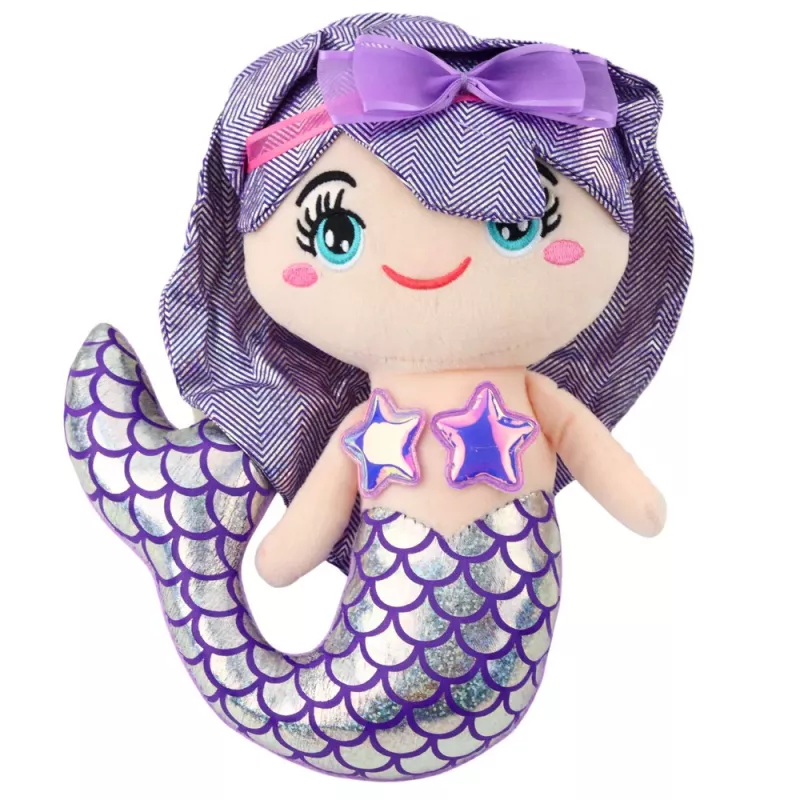 LEAN TOYS Plüsch-Meerjungfrau Kuscheltier mit holografischem Schwanz Lila 25 cm