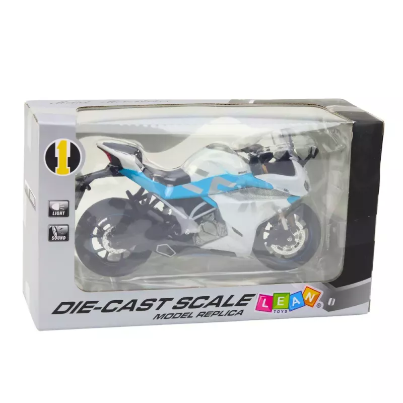 LEAN TOYS Sportmotorrad Metall Lichter Geräusche Weiß Blau 1:12