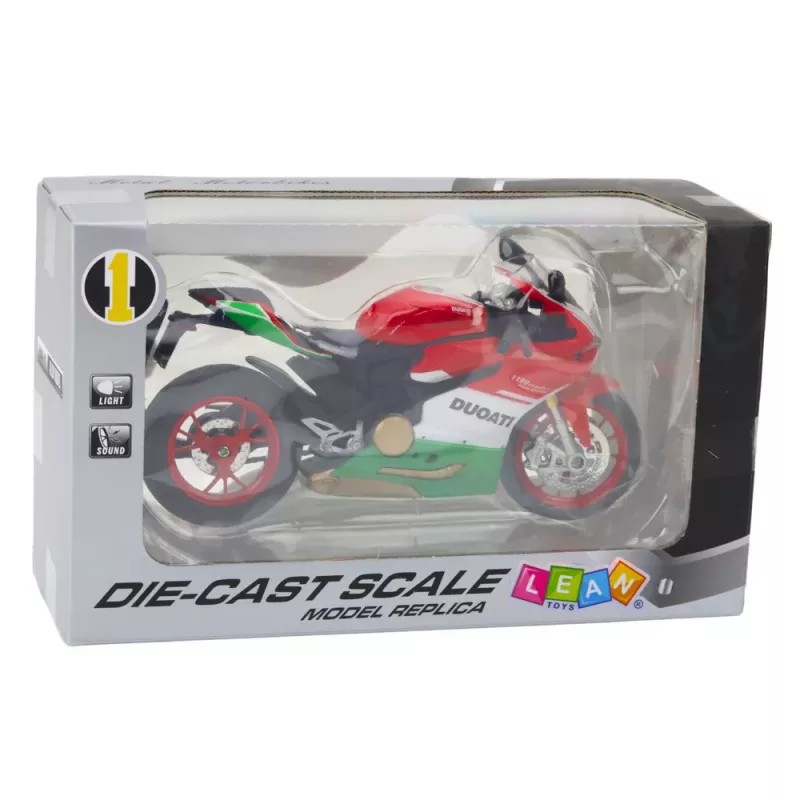LEAN TOYS Sports Motorcycle Metal Red Green Lights Sounds 1:12