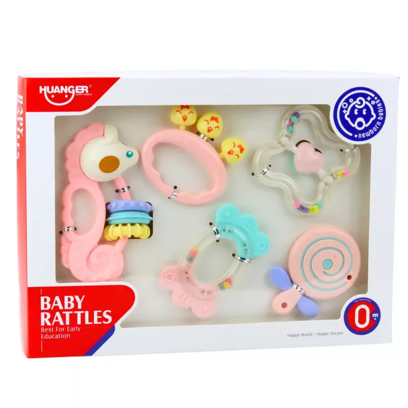 LEAN TOYS Set sensorischer Rasseln und Beißringe für Babys Pink 5-teilig