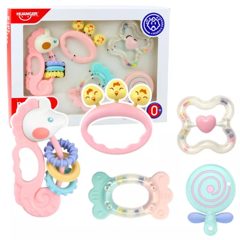 LEAN TOYS Set sensorischer Rasseln und Beißringe für Babys Pink 5-teilig