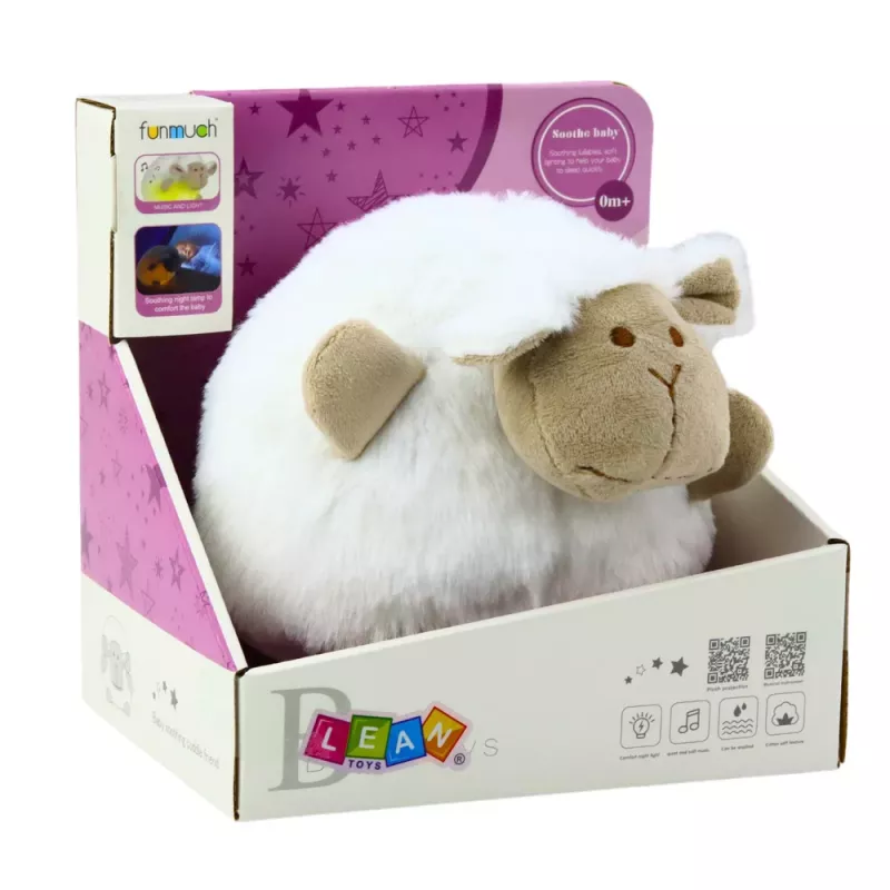 LEAN TOYS Plüschschaf Schlaf-Kuscheltier mit Licht und Sound, Weiß