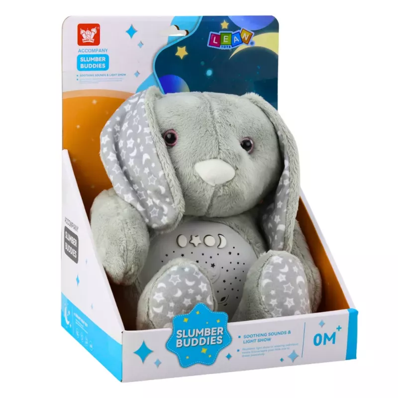 LEAN TOYS Plüschhase Schlaf-Kuscheltier mit Projektor, Sound und Weinsensor - Grau