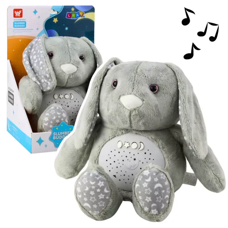 LEAN TOYS Plüschhase Schlaf-Kuscheltier mit Projektor, Sound und Weinsensor - Grau