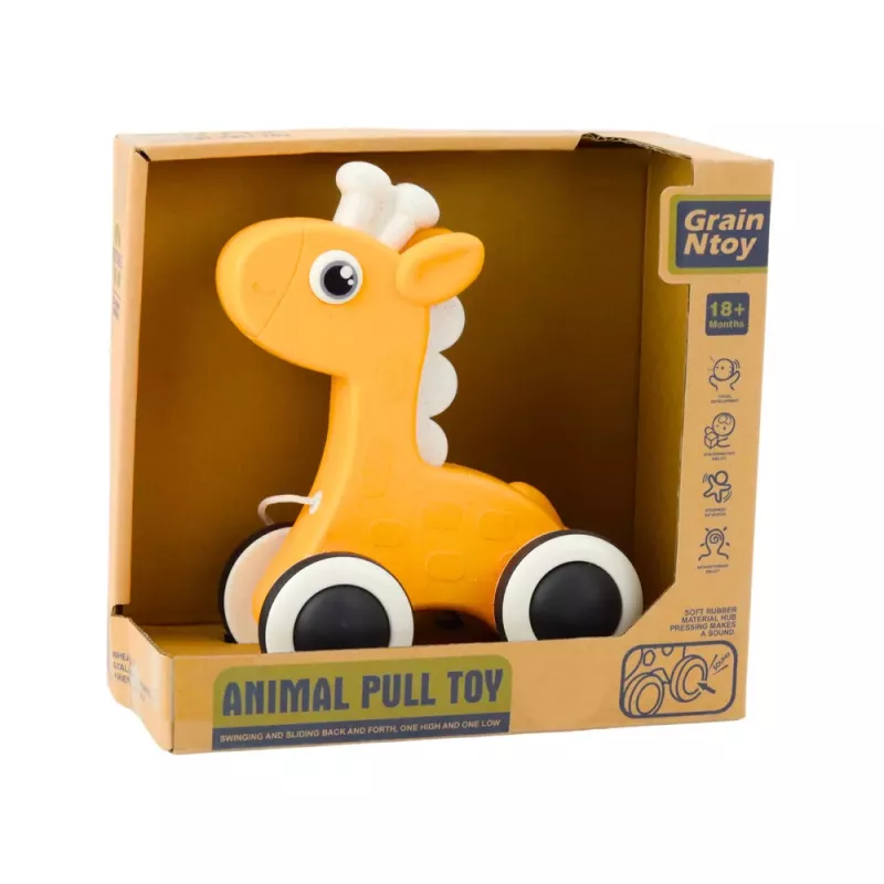 LEAN TOYS Giraffe Pull String Toy Squeaker Eco Yellow