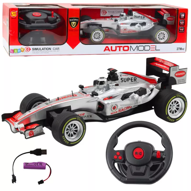 LEAN TOYS Fernbedienter RC Racer mit Lenkrad, Lichtern und Sounds 1:12 Silber