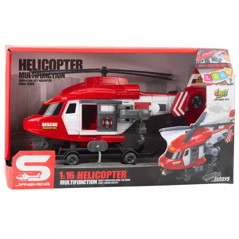 LEAN TOYS Rettungshubschrauber mit Haken, Trage, Licht & Sound, Rot, Maßstab 1:16