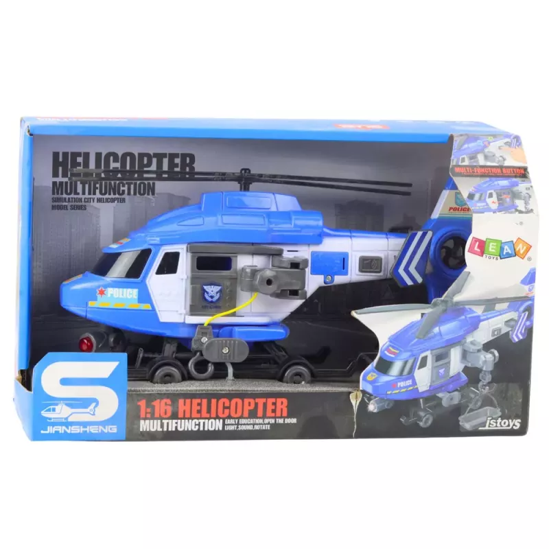 LEAN TOYS Polizeihubschrauber mit Haken, Trage, Lichtern und Geräuschen, Blau, 1:16