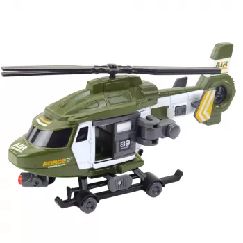 LEAN TOYS Militärhubschrauber mit Haken und Trage, Licht und Sound, Khaki, Maßstab 1:16
