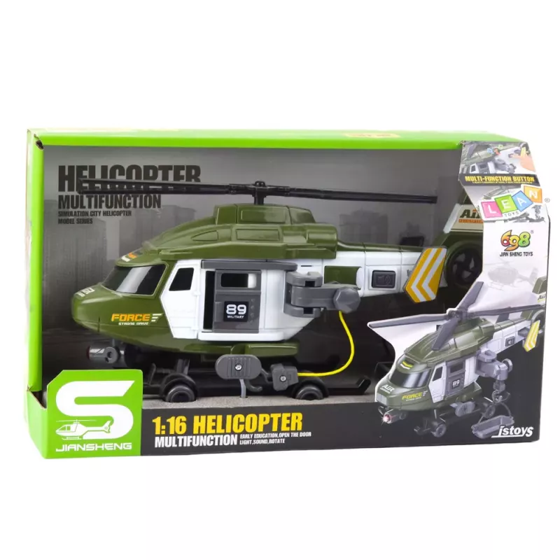 LEAN TOYS Militärhubschrauber mit Haken und Trage, Licht und Sound, Khaki, Maßstab 1:16