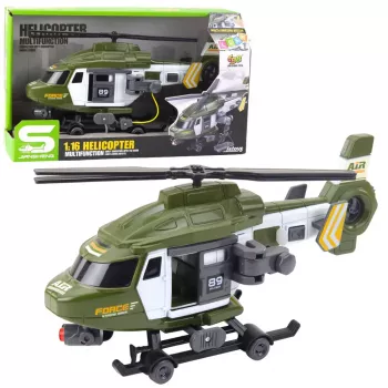 LEAN TOYS Militärhubschrauber mit Haken und Trage, Licht und Sound, Khaki, Maßstab 1:16
