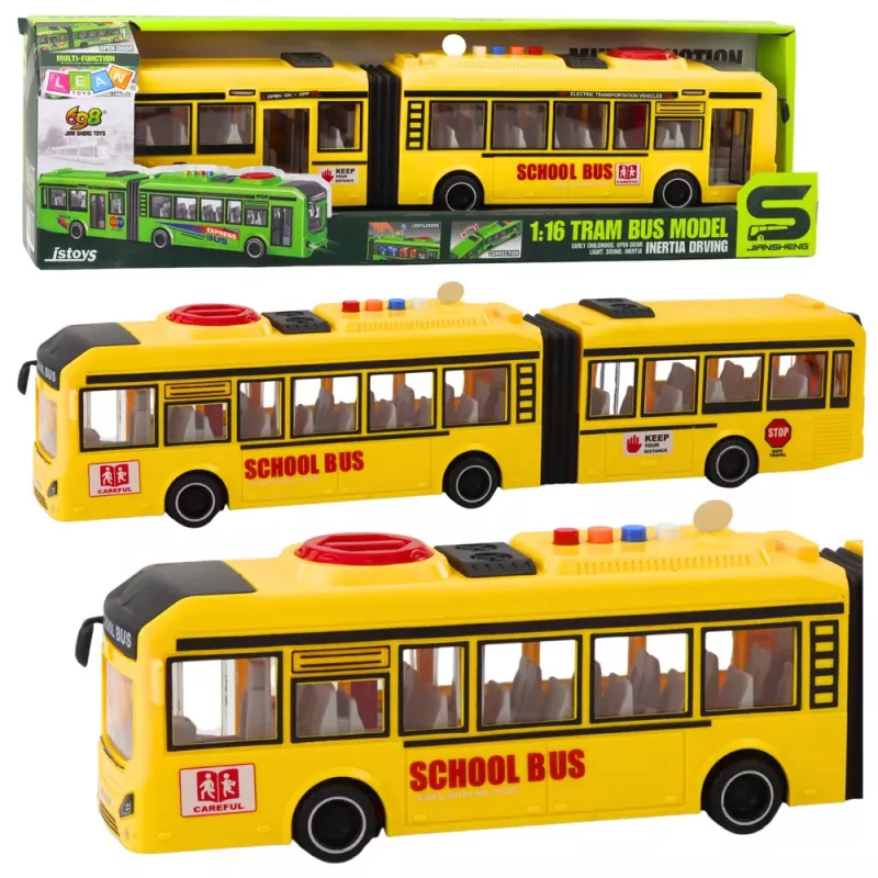 LEAN TOYS Gelenk-Schulbus mit öffnenden Türen, Lichtern, Geräuschen, Gelb, Maßstab 1:16