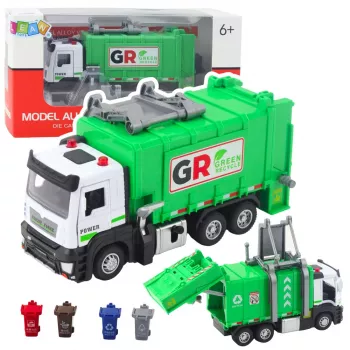 LEAN TOYS Müllwagen mit Motor 4 Mülltonnen Lichter Geräusche Grün