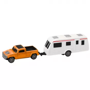 LEAN TOYS Set of Metal Car with Camper Trailer Orange