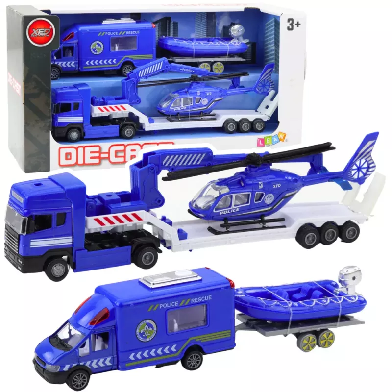 LEAN TOYS Polizei Rettungsauto Boot LKW Hubschrauber Blau Set