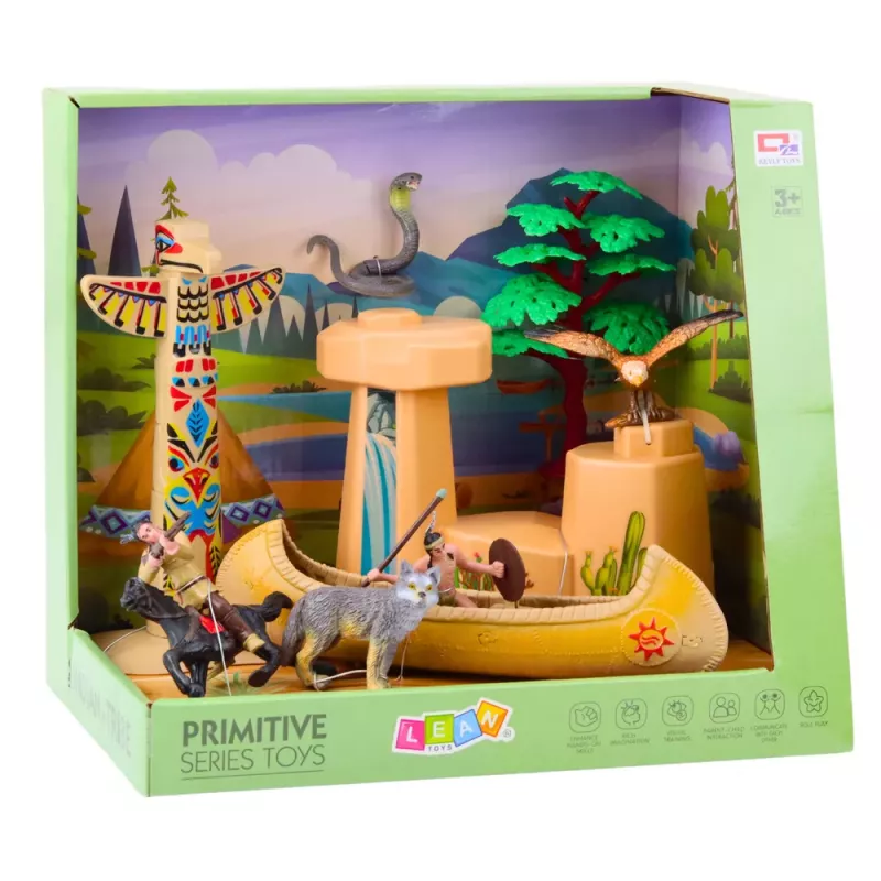 LEAN TOYS Set Indianerfiguren Dorfindianer Kajak Totempfahl