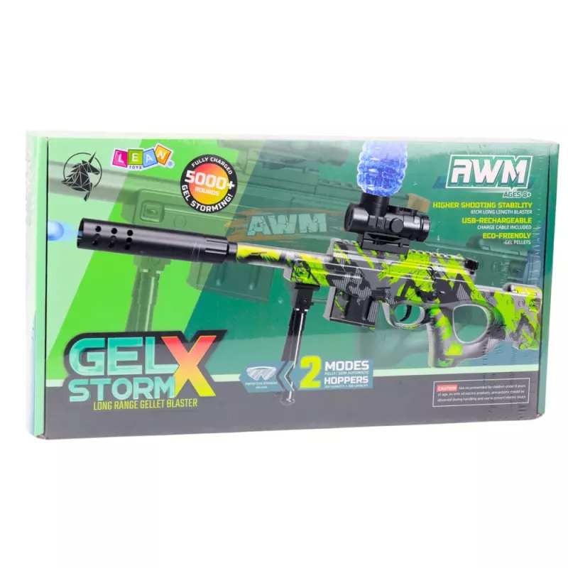LEAN TOYS AWM-Gewehr für Wasserbälle Hydrogel grün mit Schutzbrille 61cm