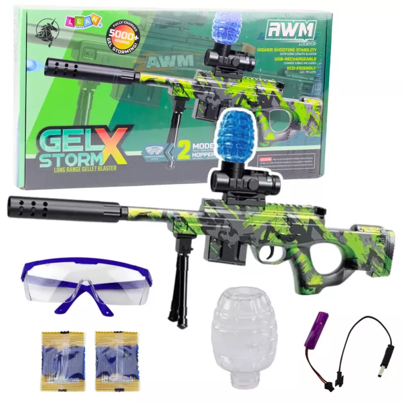LEAN TOYS AWM-Gewehr für Wasserbälle Hydrogel grün mit Schutzbrille 61cm
