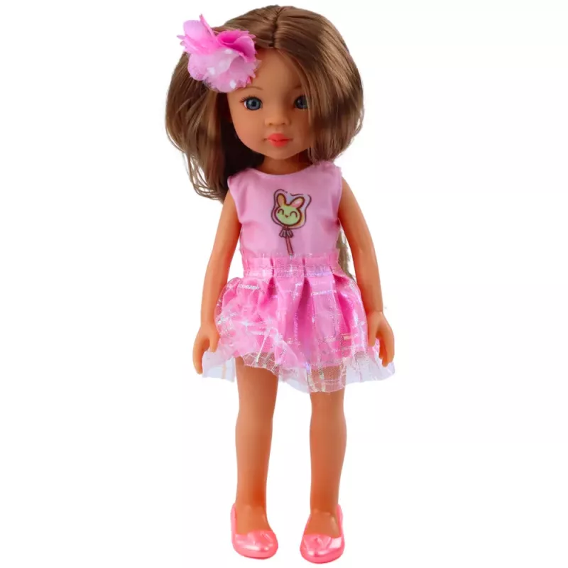 LEAN TOYS Puppe im rosa Kleid mit langen braunen Haaren und Blumenhaarnadel