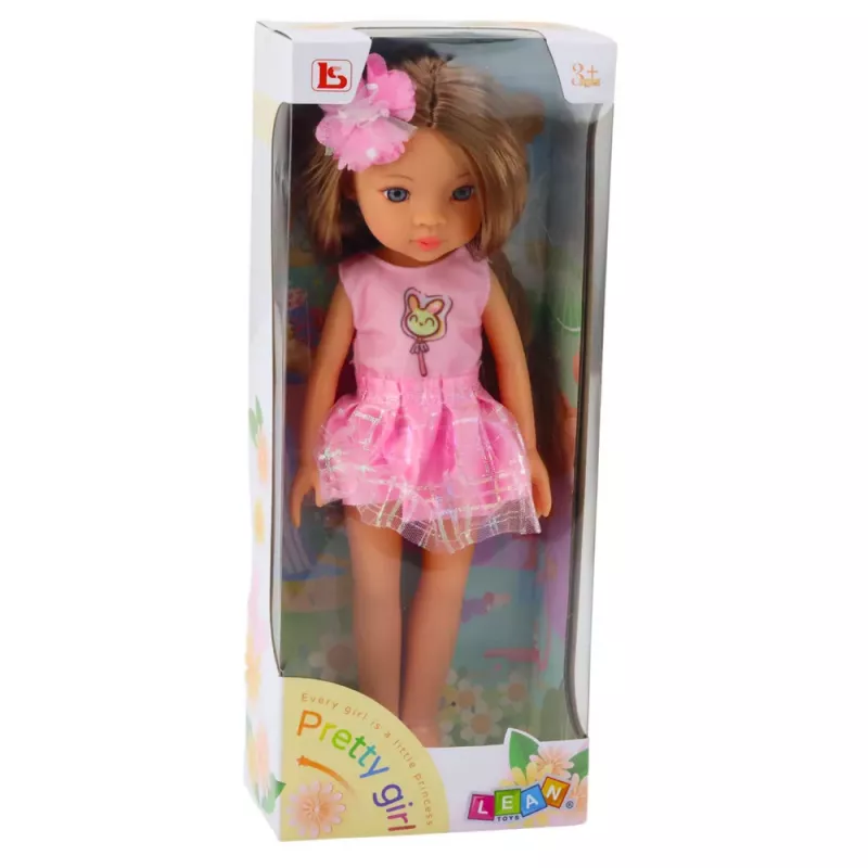 LEAN TOYS Puppe im rosa Kleid mit langen braunen Haaren und Blumenhaarnadel