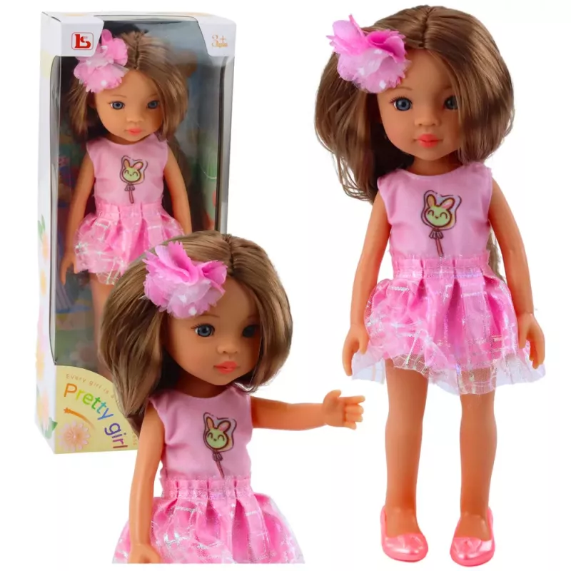 LEAN TOYS Puppe im rosa Kleid mit langen braunen Haaren und Blumenhaarnadel
