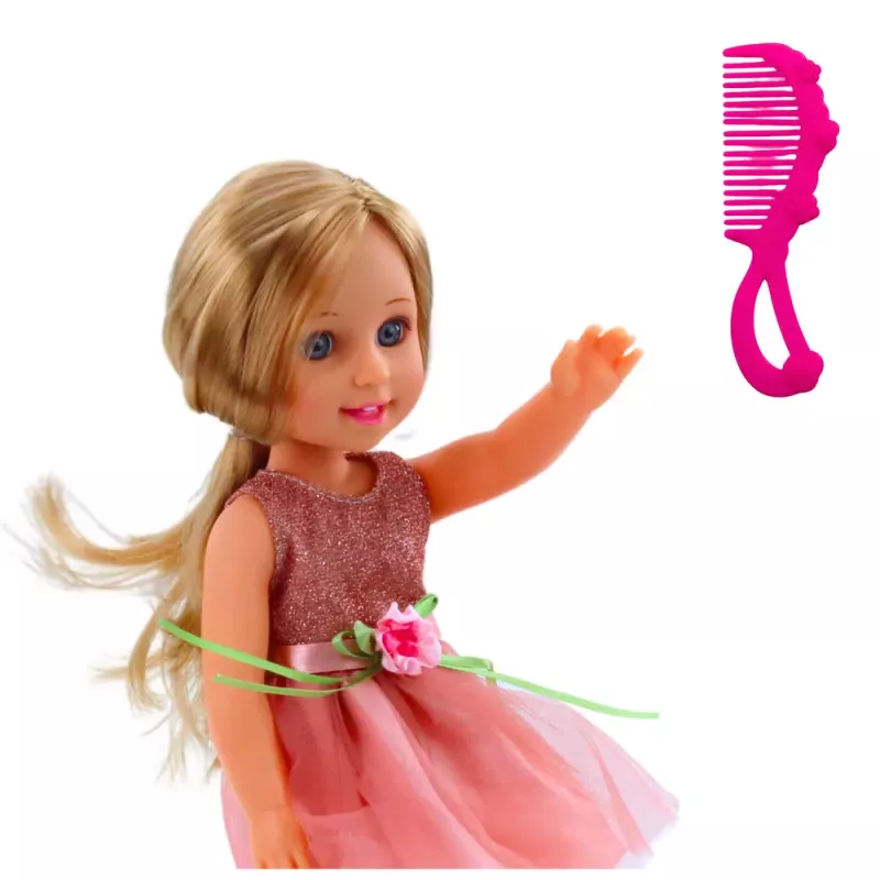 LEAN TOYS Puppe im Kleid mit Schleife, lange Haare, pink, Kamm, 38 cm