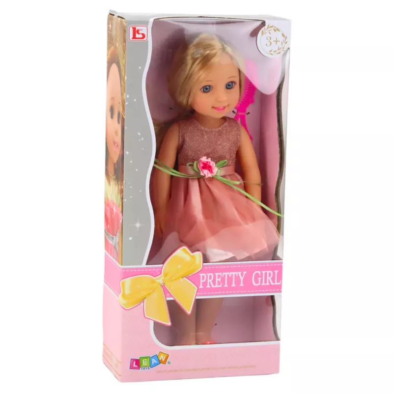 LEAN TOYS Puppe im Kleid mit Schleife, lange Haare, pink, Kamm, 38 cm